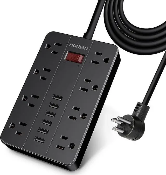 Main image of Power Strip with 6 USB,HUNIAN 5 Ft Extension Cord Flat Plug with 8 Widely Spaced Outlets Overload Protection Indoor Desk Charging Station Surge Protector for Home and Office Accessories, Black