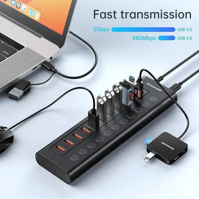Alt view image 4 of 7 - Powered 11-Port USB Hub with 4ft 2-in-1 Cable, ANYOYO 48W USB Hub (5 USB-A+2 USB-C+4 Smart Charging Ports), Wall Mounting USB Splitter with Individual LED Switches, USB Charging Hub for PC, Laptop