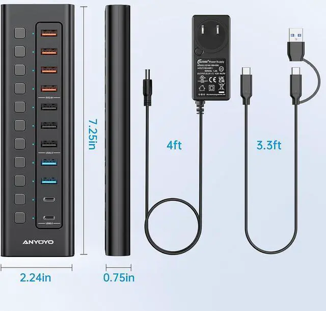 Alt view image 6 of 7 - Powered 11-Port USB Hub with 4ft 2-in-1 Cable, ANYOYO 48W USB Hub (5 USB-A+2 USB-C+4 Smart Charging Ports), Wall Mounting USB Splitter with Individual LED Switches, USB Charging Hub for PC, Laptop
