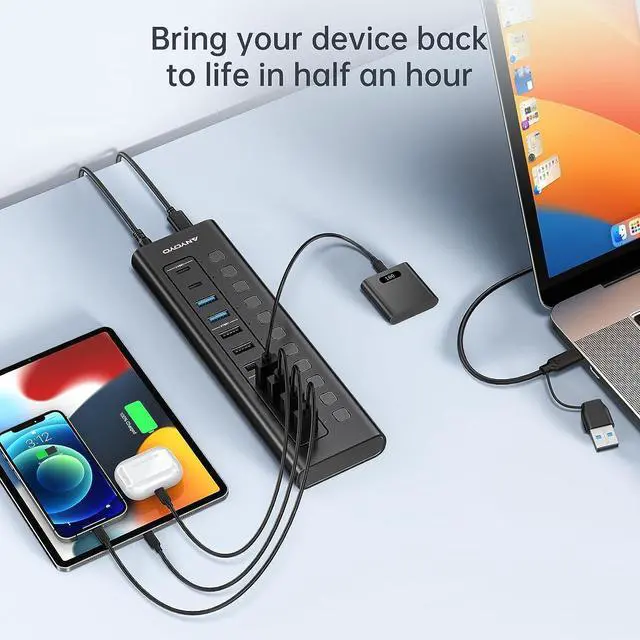 Alt view image 5 of 7 - Powered 11-Port USB Hub with 4ft 2-in-1 Cable, ANYOYO 48W USB Hub (5 USB-A+2 USB-C+4 Smart Charging Ports), Wall Mounting USB Splitter with Individual LED Switches, USB Charging Hub for PC, Laptop