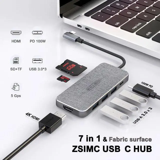 Alt view image 2 of 7 - USB C Hub, ZSIMC 7-in-1 Docking Station Multiport Adapter with 4K HDMI, 100W Power Delivery, 3 USB 3.0 Ports, SD/TF Card Reader for MacBook Pro/Air, iPad Pro/Mini 6, Surface and More Type C Laptops