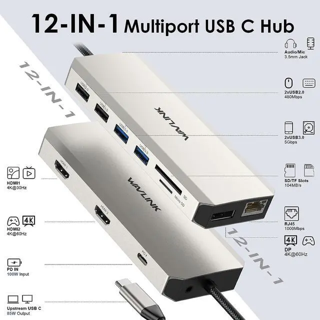 Alt view image 2 of 7 - WAVLINK USB C Docking Station Dual Monitor, USB C Hub Laptop Triple Display, USB C to 2 HDMI,DisplayPort, PD Charging,Ethernet,5 USB,SD/TF Card Reader,Audio for MacBook, Dell, HP, Lenovo, Surface