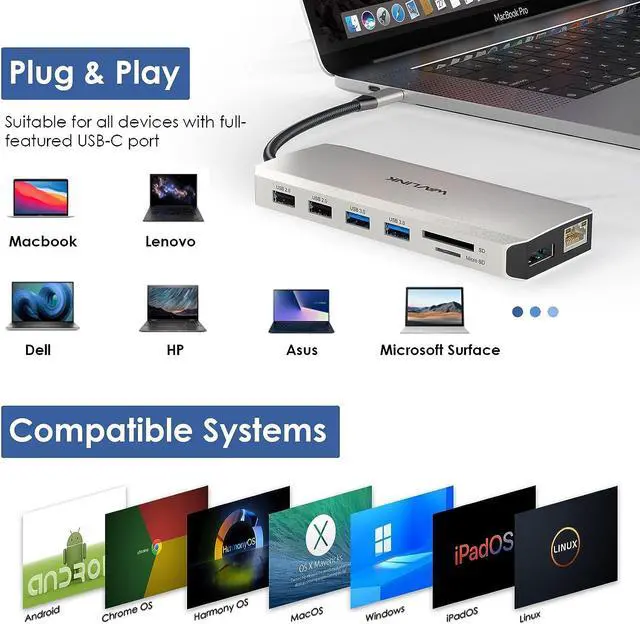 Alt view image 7 of 7 - WAVLINK USB C Docking Station Dual Monitor, USB C Hub Laptop Triple Display, USB C to 2 HDMI,DisplayPort, PD Charging,Ethernet,5 USB,SD/TF Card Reader,Audio for MacBook, Dell, HP, Lenovo, Surface