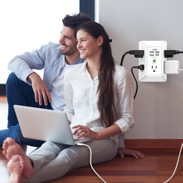 Alt view image 3 of 7 - USB Wall ChargerLVETEK Surge Protector 5 Outlet Extender with 4 USB Ports (1 USB C Outlet) 3 Sided 1680J Power Strip Multi Plug Outlets Wall Adapter Spaced for Home Travel Office ETL Listed