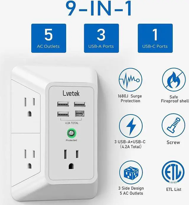 Alt view image 4 of 7 - USB Wall ChargerLVETEK Surge Protector 5 Outlet Extender with 4 USB Ports (1 USB C Outlet) 3 Sided 1680J Power Strip Multi Plug Outlets Wall Adapter Spaced for Home Travel Office ETL Listed