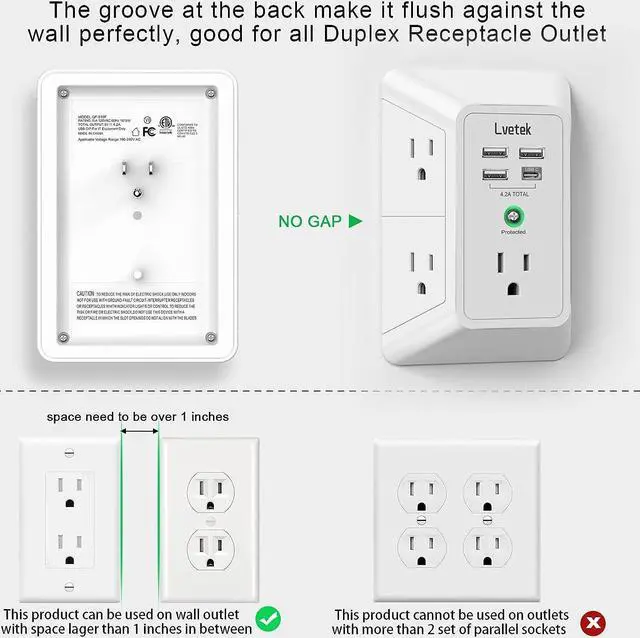 Alt view image 5 of 7 - USB Wall ChargerLVETEK Surge Protector 5 Outlet Extender with 4 USB Ports (1 USB C Outlet) 3 Sided 1680J Power Strip Multi Plug Outlets Wall Adapter Spaced for Home Travel Office ETL Listed