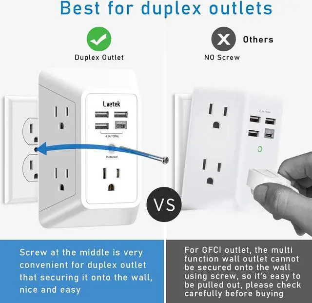 Alt view image 6 of 7 - USB Wall ChargerLVETEK Surge Protector 5 Outlet Extender with 4 USB Ports (1 USB C Outlet) 3 Sided 1680J Power Strip Multi Plug Outlets Wall Adapter Spaced for Home Travel Office ETL Listed