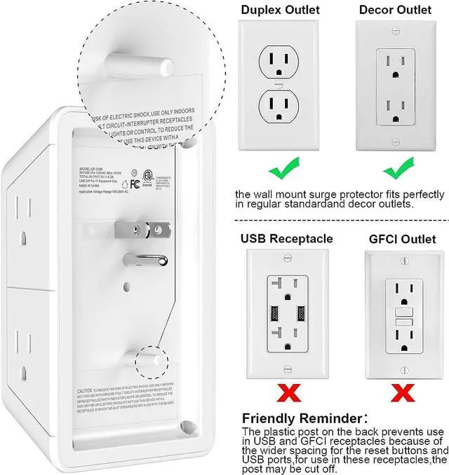 Alt view image 7 of 7 - USB Wall ChargerLVETEK Surge Protector 5 Outlet Extender with 4 USB Ports (1 USB C Outlet) 3 Sided 1680J Power Strip Multi Plug Outlets Wall Adapter Spaced for Home Travel Office ETL Listed