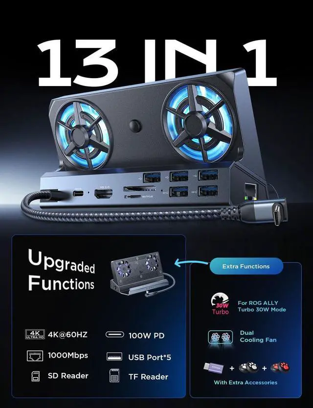 Alt view image 3 of 7 - LISEN 13-IN-1 Docking Station for Steam Deck OLED&ROG Ally X&Legion Go, Dual Cooling Fan 5 USB Ports and 4K@60Hz, 100W Charging Port Support ROG Ally 30W Mode, Gigabit Ethernet Fit for Steam Deck OLED