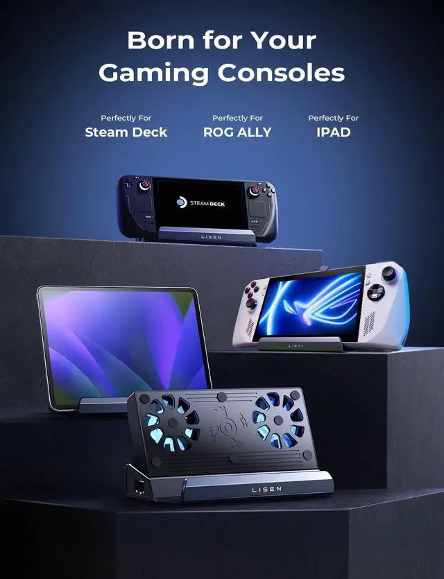 Alt view image 7 of 7 - LISEN Legion Go/ROG Ally/Steam Deck Dock, 13-in-1 Steam Deck Docking Station with 5 USB 3.0&2.0, Dual Cooling Fan, HDMI 4K@60Hz, Gigabit Ethernet, 100W Charging for Valve Stream Deck/Lenovo Legion Go