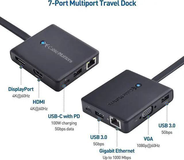 Alt view image 2 of 7 - Cable Matters 7-in-1 USB C Hub with Triple Display (HDMI, DisplayPort, VGA), 2x USB 3.0, Gigabit Ethernet, 100W Charging - Thunderbolt 4 /USB 4 /USB4 Compatible with MacBook Pro, Dell XPS, Surface Pro