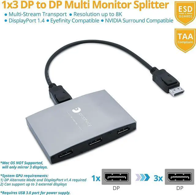 Alt view image 2 of 7 - gofanco Prophecy DisplayPort 1.4 MST Hub to 3 Port DisplayPort  DP to 3 DisplayPort Displays, Extended Displays, for Windows PCs, No macOS, DP 1.4 GPU Required, TAA Compliant (PRO-MSTDP3DP14)