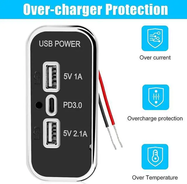 Alt view image 2 of 7 - 3 Ports 12V USB Outlet, Dual USB A Port 3.1A, Type C Port PD QC 3.0 Super Fast Charging Compatible with Phone 14 13 12, S22 S21 S20, iPad Pro, Adapter DIY Kit for Car Marine Truck Golf Cart RV, etc.