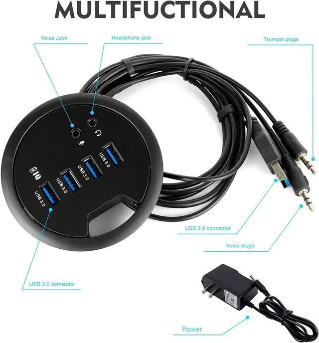 Alt view image 3 of 7 - WDX Desk-Fit (Diameter 3.14" or 80MM) 4 Port USB 3.0 Hub with 3.5mm Audio Mic Phone Jack/BC 1.2 USB Charger, 5V/2A Power Adapter for iPhone/Smart Phones(usb3.0 4 Port)(AC Power Supply Included)