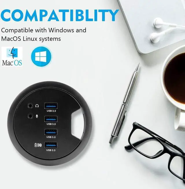 Alt view image 7 of 7 - WDX Desk-Fit (Diameter 3.14" or 80MM) 4 Port USB 3.0 Hub with 3.5mm Audio Mic Phone Jack/BC 1.2 USB Charger, 5V/2A Power Adapter for iPhone/Smart Phones(usb3.0 4 Port)(AC Power Supply Included)