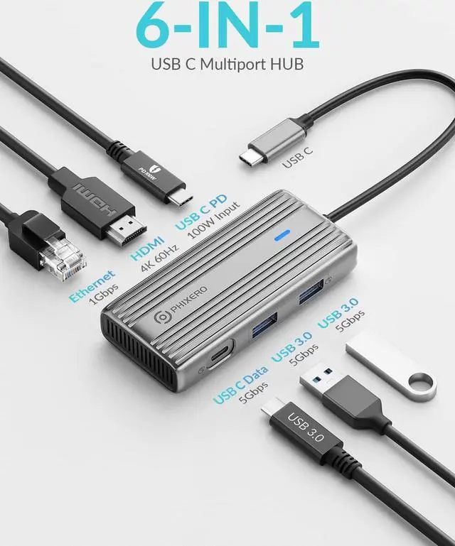Alt view image 2 of 6 - PHIXERO USB C Hub Multiport Adapter, 4K@60Hz USB C Docking Station, 8-in-1 USB C Adapter with 1Gbps Ethernet, 100W PD, SD/TF Reader, 3 USB 3.0 5Gbps Ports, for MacBook Pro/Air, USB C Laptop (Gray)