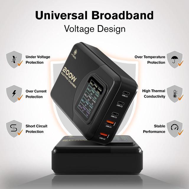 Alt view image 2 of 7 - 200W USB C Charger - LCD Display USB C Charger Block - Desktop 5-Port GaN Charger 3 USB-C 2 USB-A - Powered USB Hub Charging Station for Multiple Devices with AC Adapter for MacBook iPad iPhone Laptop