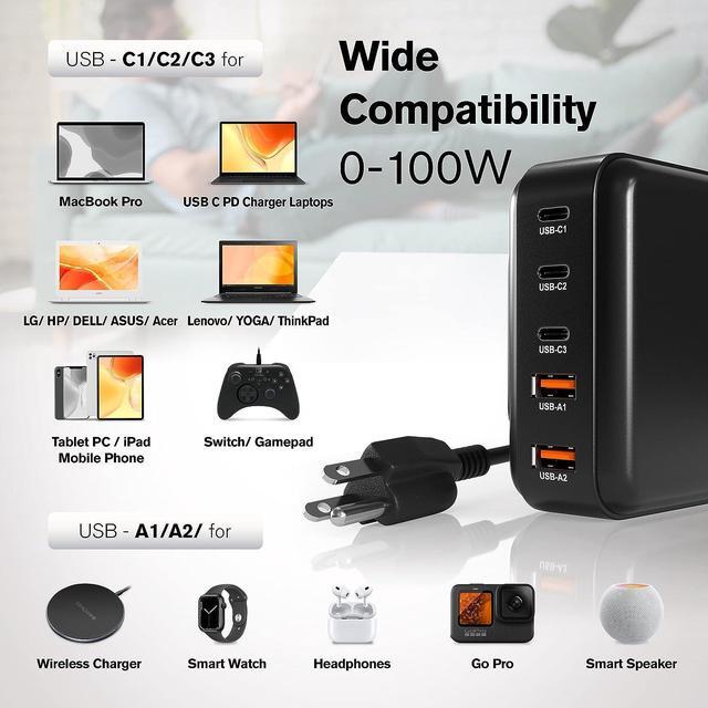 Alt view image 3 of 7 - 200W USB C Charger - LCD Display USB C Charger Block - Desktop 5-Port GaN Charger 3 USB-C 2 USB-A - Powered USB Hub Charging Station for Multiple Devices with AC Adapter for MacBook iPad iPhone Laptop