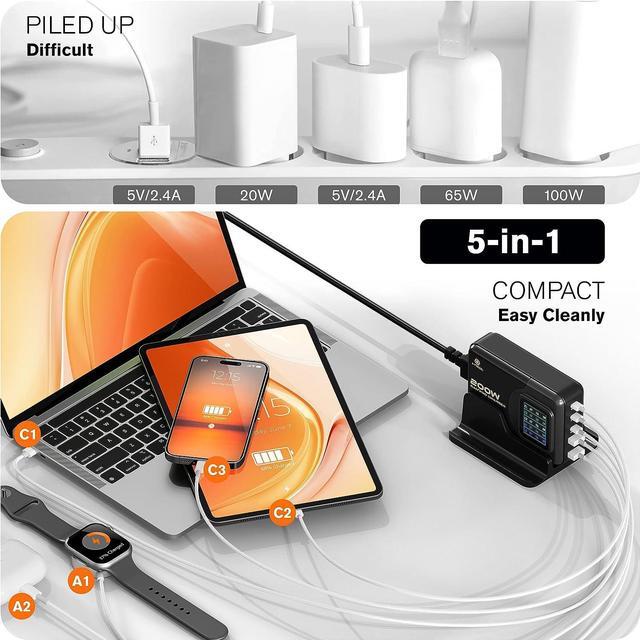 Alt view image 6 of 7 - 200W USB C Charger - LCD Display USB C Charger Block - Desktop 5-Port GaN Charger 3 USB-C 2 USB-A - Powered USB Hub Charging Station for Multiple Devices with AC Adapter for MacBook iPad iPhone Laptop
