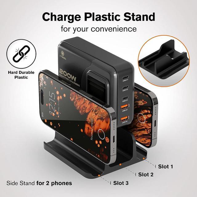Alt view image 7 of 7 - 200W USB C Charger - LCD Display USB C Charger Block - Desktop 5-Port GaN Charger 3 USB-C 2 USB-A - Powered USB Hub Charging Station for Multiple Devices with AC Adapter for MacBook iPad iPhone Laptop