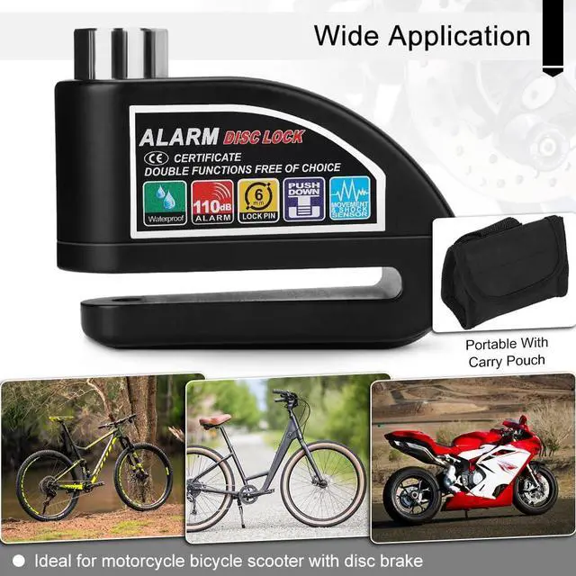 Alt view image 5 of 7 - YOHOOLYO Alarm Disc Lock Motorcycle Disc Brake Lock Anti-Theft Waterproof 110 dB 7mm Pin 5ft Reminder Cable for Motorcycles Bike Scooter Carry Pouch