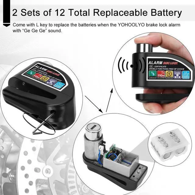 Alt view image 6 of 7 - YOHOOLYO Alarm Disc Lock Motorcycle Disc Brake Lock Anti-Theft Waterproof 110 dB 7mm Pin 5ft Reminder Cable for Motorcycles Bike Scooter Carry Pouch