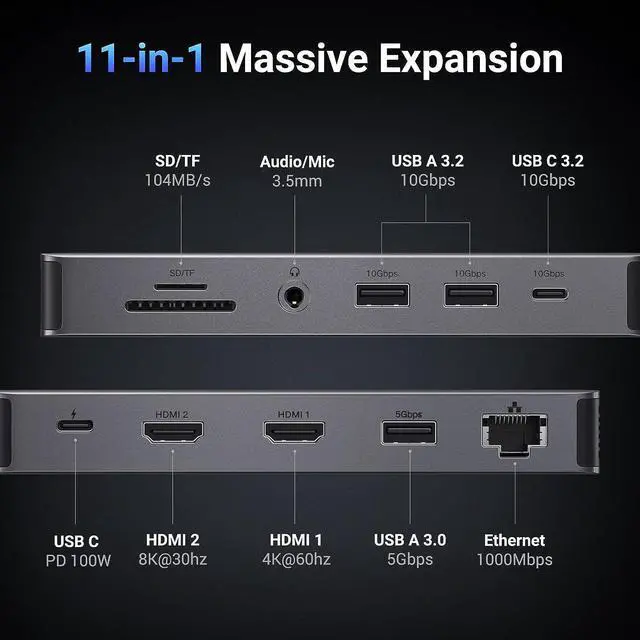 Alt view image 2 of 7 - UGREEN Revodok Pro 211 Laptop Docking Station 11 in 1 USB C Dock Dual HDMI 4K@60Hz Single 8K@30Hz 10Gbps Data Port 100W PD Gigabit Ethernet, SD/TF Card Reader Compatible for Thinkpad, Zenbook and more