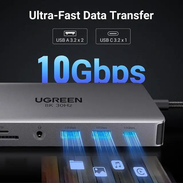 Alt view image 6 of 7 - UGREEN Revodok Pro 211 Laptop Docking Station 11 in 1 USB C Dock Dual HDMI 4K@60Hz Single 8K@30Hz 10Gbps Data Port 100W PD Gigabit Ethernet, SD/TF Card Reader Compatible for Thinkpad, Zenbook and more