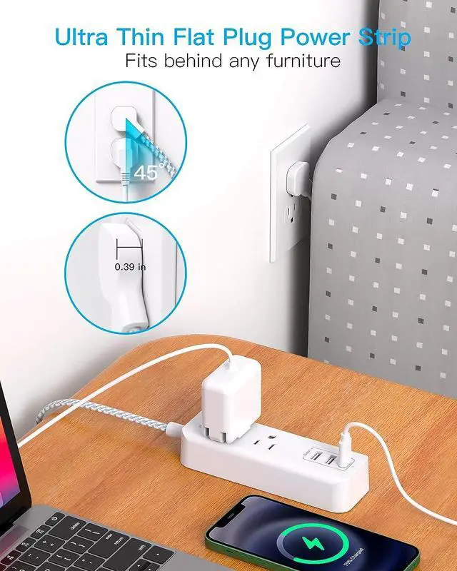 Alt view image 2 of 7 - Cruise Essentials, USB C Travel Power Strip, Flat Plug Power Strip with 2 Outlets 3 USB Ports (1 USB C), 5ft Flat Extension Cord USB Charging Station, Non Surge Protector for Cruise Ship, Travel, Home