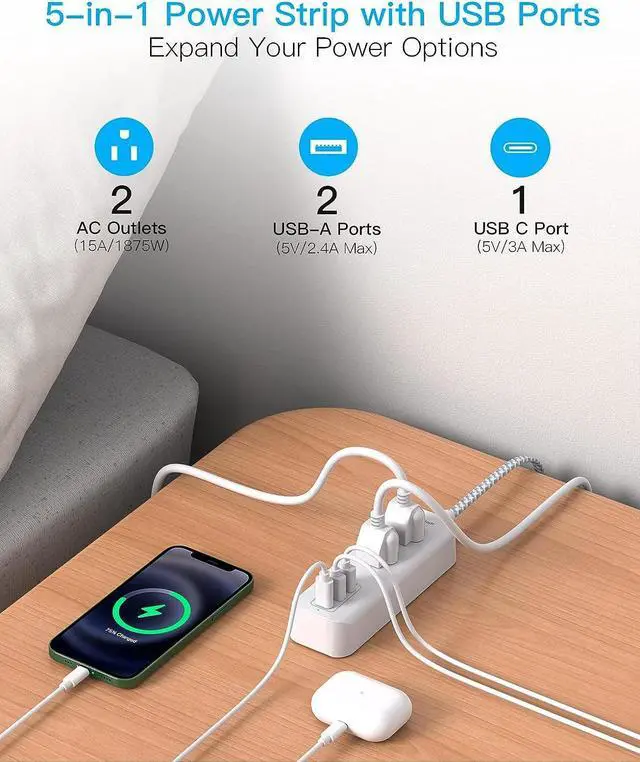 Alt view image 3 of 7 - Cruise Essentials, USB C Travel Power Strip, Flat Plug Power Strip with 2 Outlets 3 USB Ports (1 USB C), 5ft Flat Extension Cord USB Charging Station, Non Surge Protector for Cruise Ship, Travel, Home