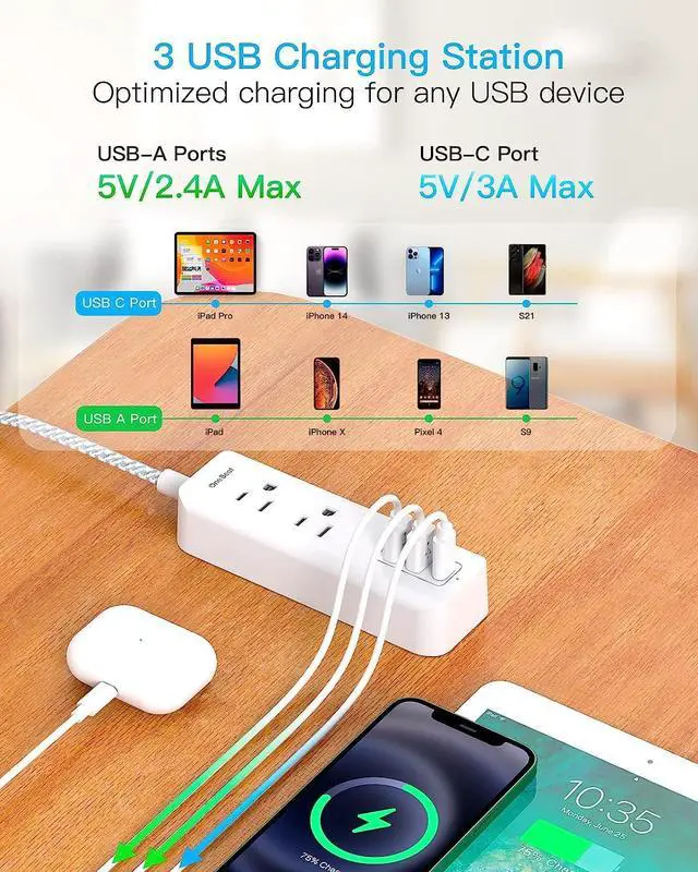 Alt view image 5 of 7 - Cruise Essentials, USB C Travel Power Strip, Flat Plug Power Strip with 2 Outlets 3 USB Ports (1 USB C), 5ft Flat Extension Cord USB Charging Station, Non Surge Protector for Cruise Ship, Travel, Home