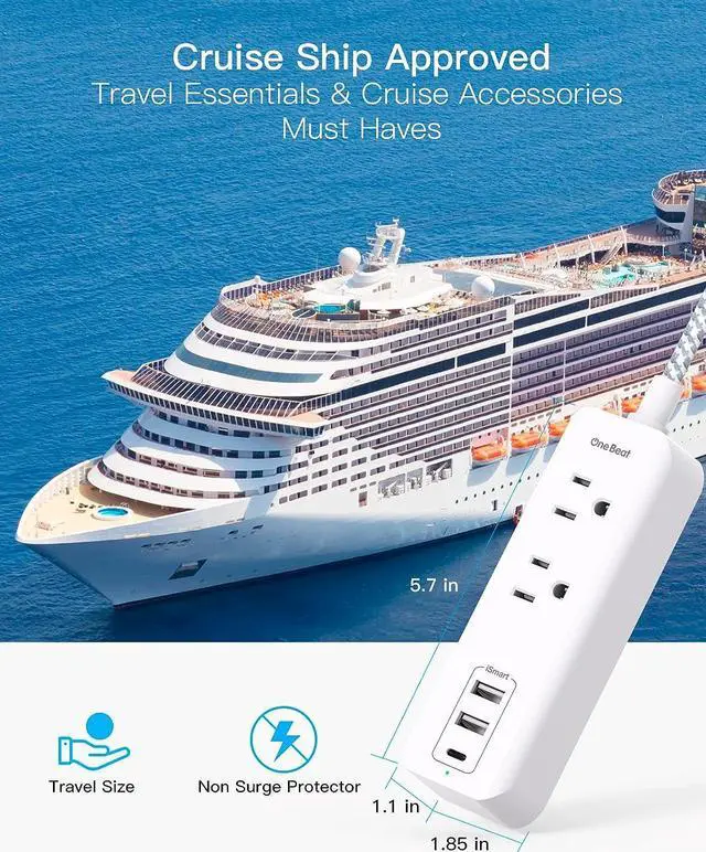 Alt view image 4 of 7 - Cruise Essentials, USB C Travel Power Strip, Flat Plug Power Strip with 2 Outlets 3 USB Ports (1 USB C), 5ft Flat Extension Cord USB Charging Station, Non Surge Protector for Cruise Ship, Travel, Home