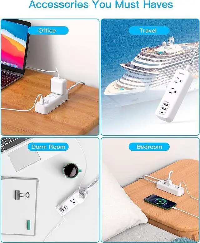 Alt view image 7 of 7 - Cruise Essentials, USB C Travel Power Strip, Flat Plug Power Strip with 2 Outlets 3 USB Ports (1 USB C), 5ft Flat Extension Cord USB Charging Station, Non Surge Protector for Cruise Ship, Travel, Home