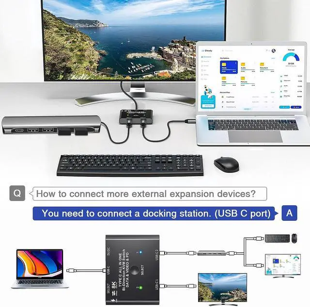 Alt view image 4 of 7 - USB C Switch,Bi-Directional USB C Switcher 2 Laptops,USB Type C KVM Switch 4K@120Hz Video/10Gbps Data Transfer/100W Charging,Compatible with Thunderbolt Device,2.62FT USB-C Cables Included
