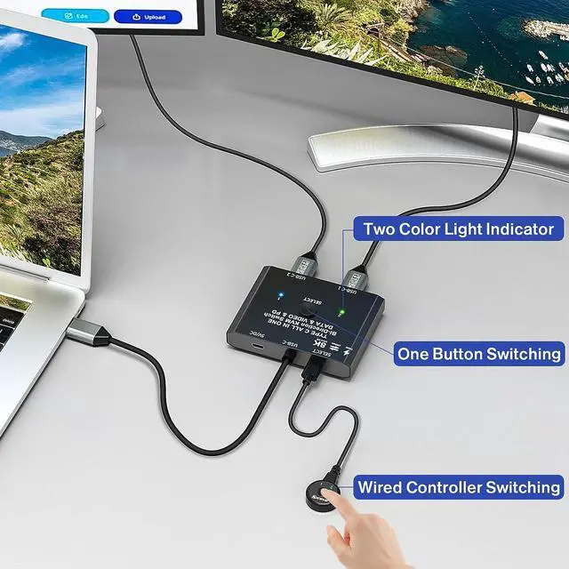 Alt view image 6 of 7 - USB C Switch,Bi-Directional USB C Switcher 2 Laptops,USB Type C KVM Switch 4K@120Hz Video/10Gbps Data Transfer/100W Charging,Compatible with Thunderbolt Device,2.62FT USB-C Cables Included