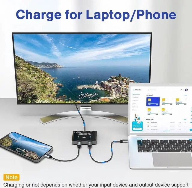 Alt view image 7 of 7 - USB C Switch,Bi-Directional USB C Switcher 2 Laptops,USB Type C KVM Switch 4K@120Hz Video/10Gbps Data Transfer/100W Charging,Compatible with Thunderbolt Device,2.62FT USB-C Cables Included