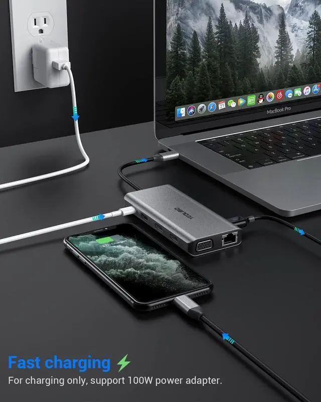 Alt view image 4 of 7 - USB C Docking Station, 12 in 1 USB C Hub Multiple Adapter with 2HDMI 4K, VGA, 100W PD, Gigabit Ethernet, 4USB-A, Mic/Audio, SD/TF Card Reader for Thunderbolt3 MacBook Pro/ipad/Dell/HP/Surface/Lenovo