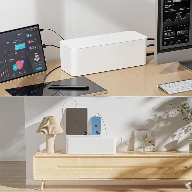 Alt view image 4 of 7 - 2 Pack Cable Management Box - Large and Medium Desk Cord Organizer Box Cord Hider, Cable Box Wire Organizer, Cover for USB Hub, TV Wires, Power Strips, Safe ABS Material-Baby&Pets Proof Lock-White