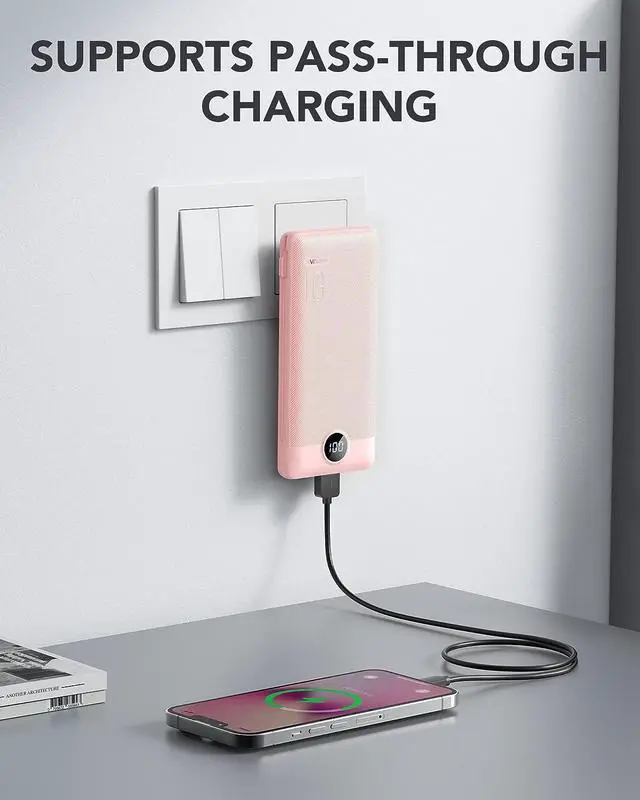 Alt view image 2 of 7 - Portable Charger Built-in Cables and AC Wall Plug USB C Power Bank 10000mAh Travel Essentials Phone Charger Compact Lightweight External Battery Pack for Smart Phones Tablets etc-Pink