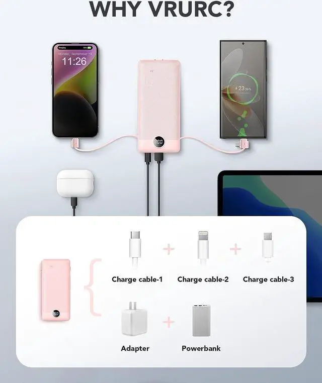 Alt view image 4 of 7 - Portable Charger Built-in Cables and AC Wall Plug USB C Power Bank 10000mAh Travel Essentials Phone Charger Compact Lightweight External Battery Pack for Smart Phones Tablets etc-Pink