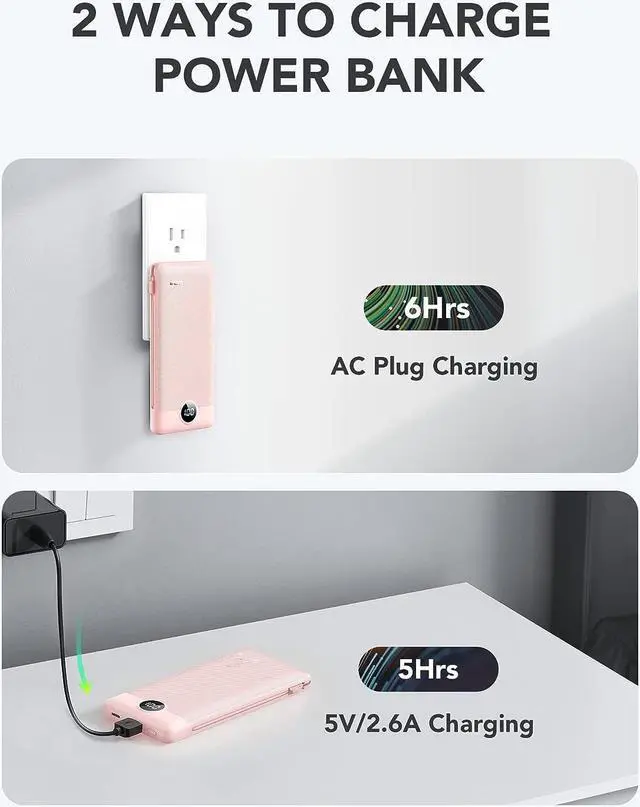 Alt view image 5 of 7 - Portable Charger Built-in Cables and AC Wall Plug USB C Power Bank 10000mAh Travel Essentials Phone Charger Compact Lightweight External Battery Pack for Smart Phones Tablets etc-Pink