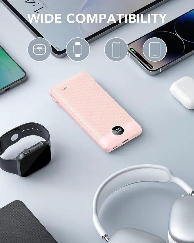 Alt view image 6 of 7 - Portable Charger Built-in Cables and AC Wall Plug USB C Power Bank 10000mAh Travel Essentials Phone Charger Compact Lightweight External Battery Pack for Smart Phones Tablets etc-Pink
