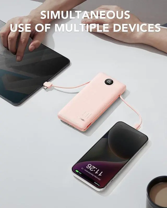 Alt view image 7 of 7 - Portable Charger Built-in Cables and AC Wall Plug USB C Power Bank 10000mAh Travel Essentials Phone Charger Compact Lightweight External Battery Pack for Smart Phones Tablets etc-Pink