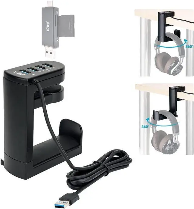 Main image of KIWIFOTOS 2 in 1 Headphone Stand with USB Hub, PC Gaming Headset Holder Hanger 360 Degree Rotation Underdesk Headphone Hook Mount with 4 USB Ports Desk Organizer - Black