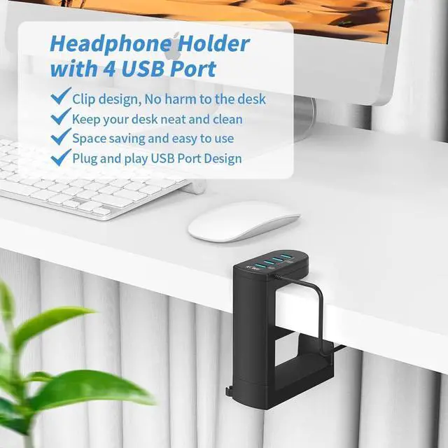 Alt view image 2 of 7 - KIWIFOTOS 2 in 1 Headphone Stand with USB Hub, PC Gaming Headset Holder Hanger 360 Degree Rotation Underdesk Headphone Hook Mount with 4 USB Ports Desk Organizer - Black