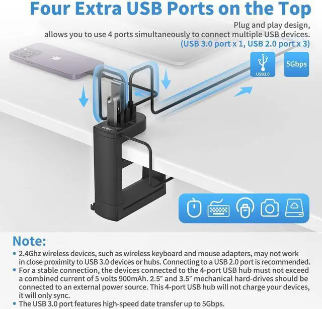 Alt view image 4 of 7 - KIWIFOTOS 2 in 1 Headphone Stand with USB Hub, PC Gaming Headset Holder Hanger 360 Degree Rotation Underdesk Headphone Hook Mount with 4 USB Ports Desk Organizer - Black