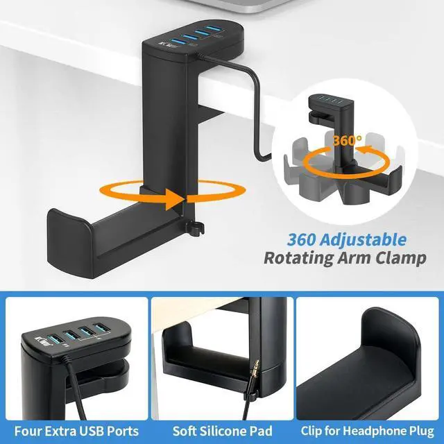 Alt view image 3 of 7 - KIWIFOTOS 2 in 1 Headphone Stand with USB Hub, PC Gaming Headset Holder Hanger 360 Degree Rotation Underdesk Headphone Hook Mount with 4 USB Ports Desk Organizer - Black