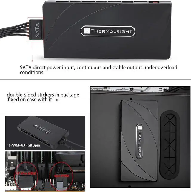 Alt view image 4 of 7 - Thermalright ARGB Fan HUB Controller Support 8 Groups of Fans, 8-Port 4 Pin PC Fan Controller, 5V-3Pin ARGB Fan Hub, Strong Paste+Magnetic Suction (12V 4-pin RGB is not Supported)