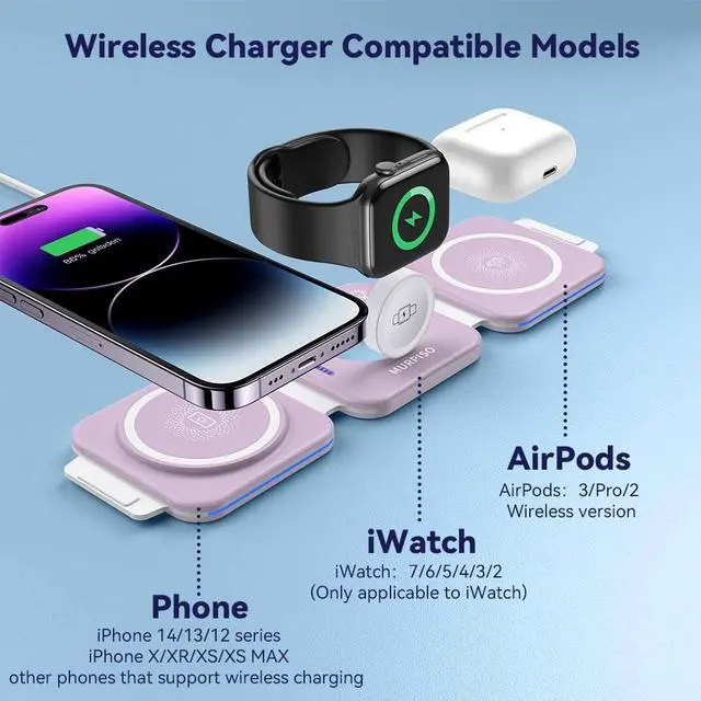 Alt view image 2 of 6 - MURPISO 3 in 1 Magnetic Foldable Wireless Charger,Wireless Charging Station for Travel,Wireless Charging Pad Compatible for iPhone 14/13/12/Pro/Max/Mini,AirPods Wireless/Pro,iWatch Ultra/8/7/6/5/4/3/2