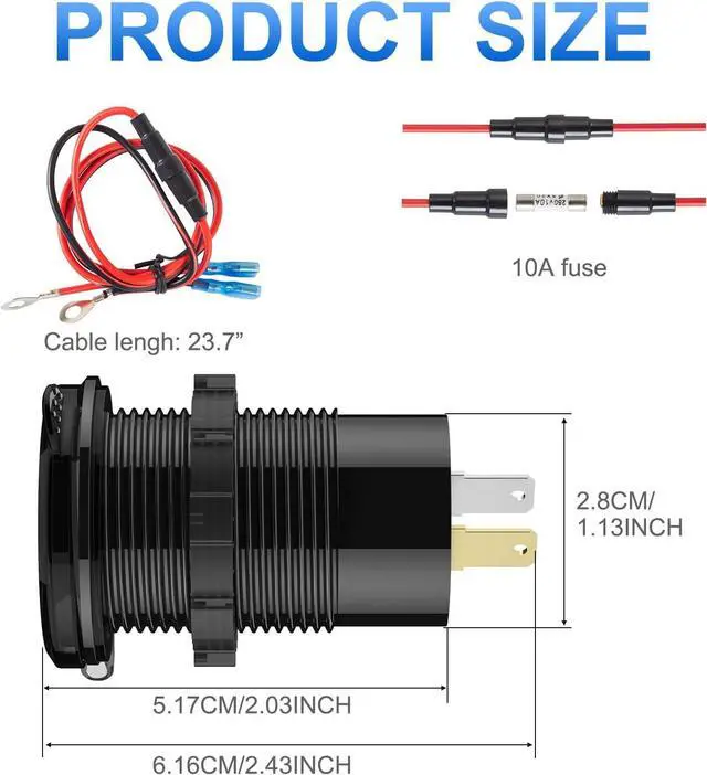 Alt view image 6 of 7 - 12V USB Outlet Wire Aluminum Car Charger Multi Port, Dual USB Quick Charge 3.0 Port and PD USB C Socket with Voltmeter Switch for Car Boat Marine Truck RV, Fast Charge for iPhone iPad Android Phones